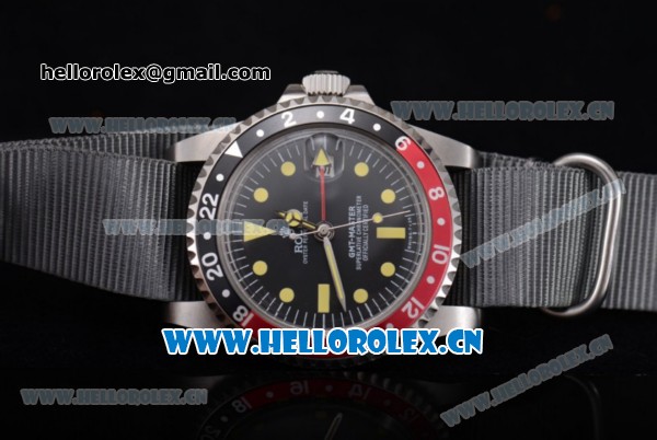 Rolex GMT-Master Asia 2813 Automatic Steel Case with Black Dial Grey Nylon Strap and Yellow Markers - Click Image to Close